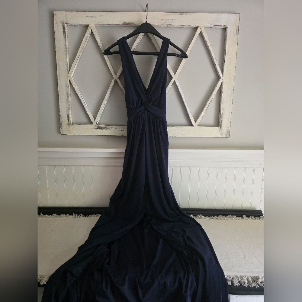 White House Black Market Navy Crossback Front Slit Grecian Gown Size 4 NWOT